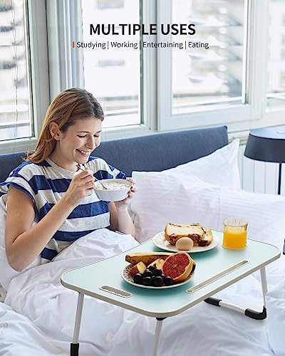 FISYOD Foldable Laptop Table, Portable Lap Desk Bed Table Tray, Laptop Stand with Cup Holder & Tablet Slot & Lifting Handle for Working Writing Drawing & Eating (Blue) - color: Blue