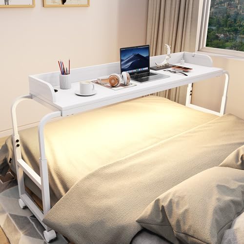 Overbed Table with Wheels, Mobile Bed Table with Adjustable Height Length, Desk for Bed Queen Size with Charging Station and LED Light, Rolling Table for Eating, Laptops, Hospitals - color: White