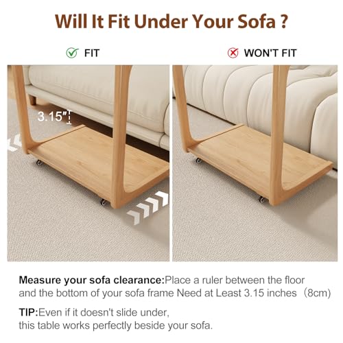 AQIMUELE Wooden C-Shaped End Table,Couch Table with Adjustable Desktop,Small Rolling Side Table with 2 Lockable Wheels 23.6" Width,Small End Table for Couch, Living Room,Bedroom (Natural) - color: Natural, size: 15.6"D x 23.6"W x 24.8"H, style: Modern 2 T