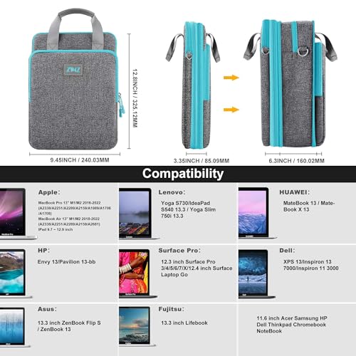 Laptop Shoulder Bag 12.3-13 inch Case Sleeve, Expandable Handbag with Valuables Compartment Compatible with MacBook Air/Pro/Neo 13", iPad 12.9"/13"/11", Shockproof,Gray-Blue edge - color: Gray-blue Edge