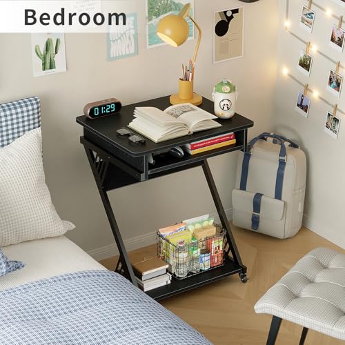 ALISENED Computer Desk for Small Spaces,23.6" Z-Shaped Compact Study Table with Smooth Keyboard Tray,with Wheels and Bottom Shelves for Home Office，Computer Cart Mobile Laptop Cart - color: Black