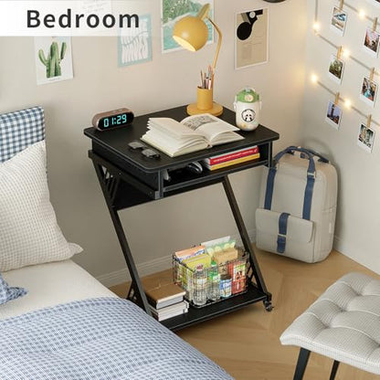 ALISENED Computer Desk for Small Spaces Compact Desk with Keyboard Tray | 23.6" Z-Shaped, with Wheels and Bottom Shelves, for Home Office, Computer Cart Mobile Laptop Cart, Black - color: Black