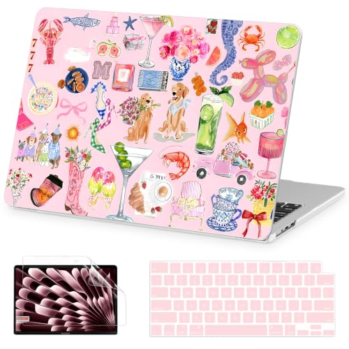 AKIT for MacBook Air 13 inch Case M5 M4 M3 M2 2026-2022, Fashion Stickers | A3449 A3240 A3113 A2681,Preppy Style Pattern Hard Shell Laptop Case+Screen Protector+Keyboard Cover for MacBook Air 13.6 inch - color: Fashion Stickers
