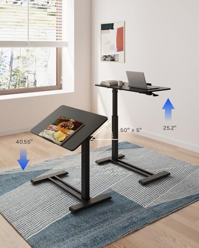 FLEXISPOT H7 PRO 90° Tiltable Mobile Overbed Table with Pneumatic Lift,28'' | Full foldable bedside table with adjustable desktop for laptop, Rolling Computer Cart and bed sofa.27.6" W x 15.7" D,Black - color: Black, size: 28x16