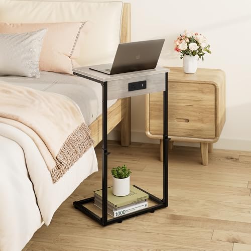 C Shaped End Table with Charging Station, Adjustable Height Side Table for Couch,Small Side Table Small Spaces,33.2'' Tall Couch Tables that Slide Under, Tv Tray Table for Living Room, Greige - color: Greige (1 Pack), style: With Plug