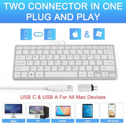 Ultra-Slim 78keys USB Mini Wired Keyboard with Media Hotkeys for Apple Mac Pro, MacBook 56Pro/ iMac, Air, Mac mini, Laptop Computers, Windows Desktop PC 11/10/8/7, with USB-A to C OTG Adapter, White - color: Silver White, size: USB-A