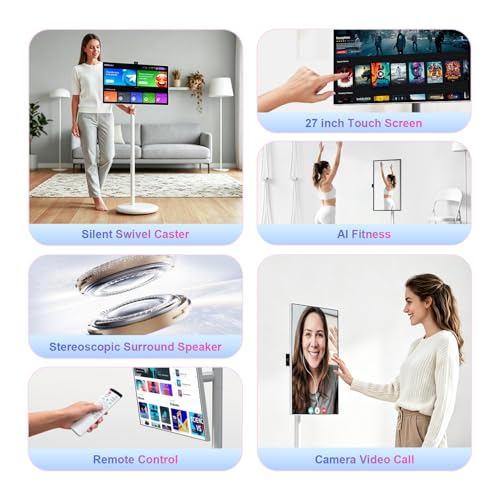 VLH 27" Smart Portable TV On Wheels | Cordless Rolling Touchscreen TV | 6GB RAM + 128GB Storage | EDLA-Certified Android 15 OS | Full Swivel Rotation | Voice Remote Control | 4K Camera - color: 27 inch White