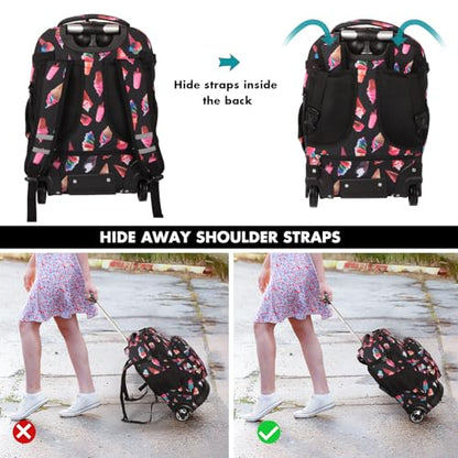 Tilami Rolling Backpack for Kids 19 inch with Lunch Bag Wheeled Laptop Backpack,Ice cream - color: Ice Cream