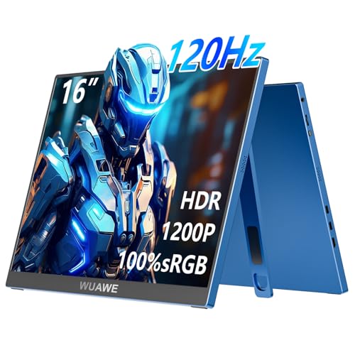 WUAWE 16" 1200P 120Hz Portable Monitor for Laptop, 100% sRGB Portable Laptop Monitor with Built-in Stand, HDR and Freensync, External USB C Monitor for Phone, MacBook, Laptop, PC(Blue) - color: W1-Matte Blue
