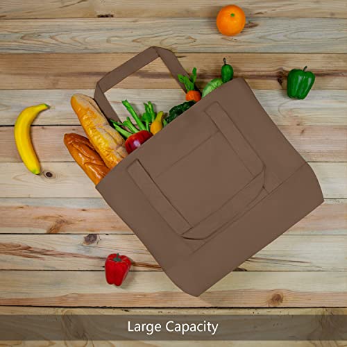 TOPDesign 1-Pack Canvas Tote Bag with an External Pocket, Reusable Grocery Shopping Bag, Top Zipper Closure, Daily Essentials (Brown) - color: Brown