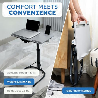 GoShark Lite 2-in-1 Laptop Bed Desk & TV Tray Table for Couch - Portable Foldable Stand with Adjustable Height & Angle for Work, Dining, Study - Detachable with Secondary Surface & Device Slots