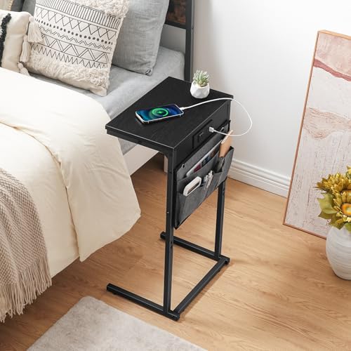HOOBRO C Shaped End Table with Charging Station, 28" H Couch Side Table Slide Under, Sofa Arm Tray Table with Storage Bag for Living Room, Recliner, Black BB70USF01 - color: Black