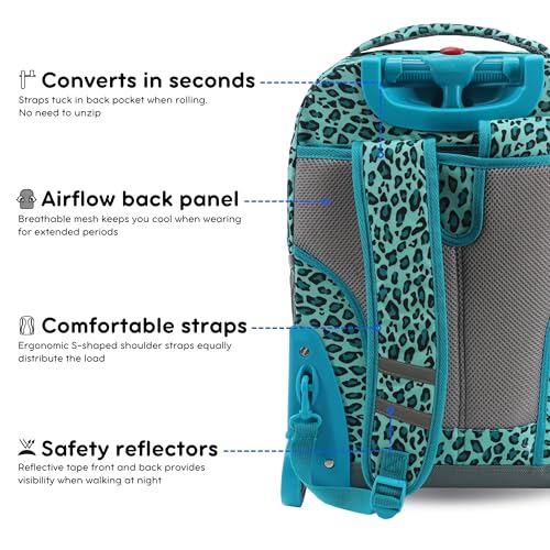 J World Sunrise Kids Rolling Backpack with Wheels for Girls Boys, Roller Bookbag for School, 18 x 13 x 9 Inches, Mint Leopard - color: Mint Leopard