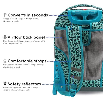 J World Sunrise Kids Rolling Backpack with Wheels for Girls Boys, Roller Bookbag for School, 18 x 13 x 9 Inches, Mint Leopard - color: Mint Leopard