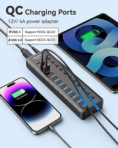 Powered USB 3.0 Hub, Wenter 48W 11-Port USB Hub Splitter (7 Faster Data Transfer Ports+ 4Pcs QC Charging Ports) with Individual LED On/Off Switches, USB Hub 3.0 Powered with Power Adapter - color: 7+2+2