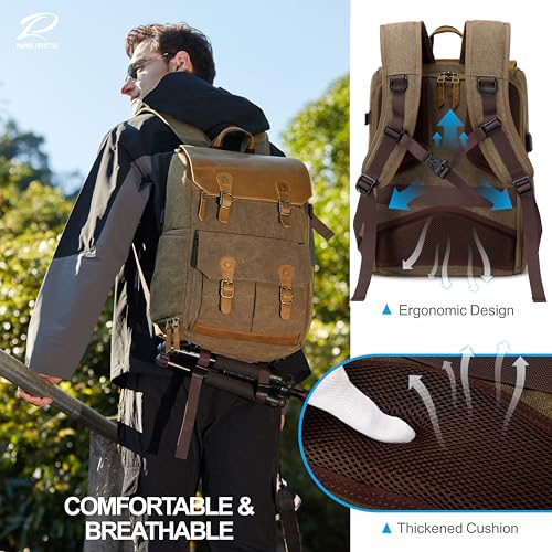 Padwa Lifestyle Khaki Professional Camera Backpack - Retro Crazy Horse Art Cowhide Canvas Large Camera Bag with Multi Camera&16” Laptop Thick Compartment,Weather Resistant Photography Backpacks - color: Khaki