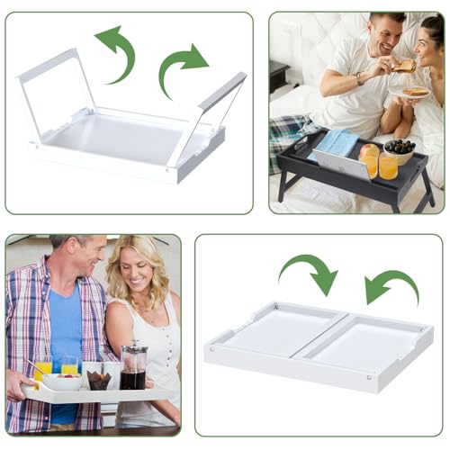 Bamboo Bed Tray Tables with Folding Legs, Medium, 2-Pack, White | Two FSC-certified bamboo bed trays with folding legs, handles and raised edges for meals, laptops, reading and serving. - color: White, size: Medium - 2pc
