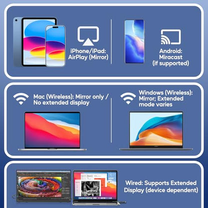 17.3" Wireless Portable Monitor with Built‑in 8000mAh Battery 4H, AirPlay & Miracast, 2.5K QHD 2560x1400 IPS Matte HDR, 125% sRGB, 500 Nits, VESA, Auto Rotation for Phone/Tablet, USB‑C & Mini HDMI - size: 17.3 inch