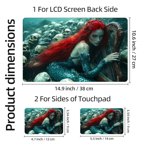 Aesthetic Laptop Skin Sticker, Red Haired Mermaid with Harp and Skulls Waterproof Vinyl Laptop Decal, Removable Bubble Free, Reusable Protective Cover for 13 14 15 15.6 Inch - color: Red Haired Mermaid with Harp and Skulls