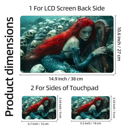 Aesthetic Laptop Skin Sticker, Red Haired Mermaid with Harp and Skulls Waterproof Vinyl Laptop Decal, Removable Bubble Free, Reusable Protective Cover for 13 14 15 15.6 Inch - color: Red Haired Mermaid with Harp and Skulls