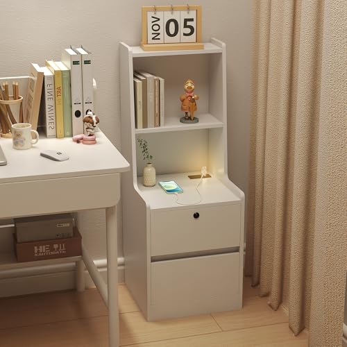 Modern Smart Nightstand with Night Light & Charging Station, Night Stand with Bookshelf, Lockable Bedside Cabinet Tables with 2 Storage Drawers for Bedroom Home Office - color: White