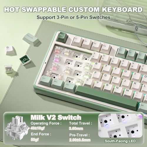 YUNZII B98 PRO QMK/VIA Wireless Mechanical Gaming Keyboard,96% Layout with Numpad and Cute Cat Knob, BT/2.4G/USB-C,Linear Switch Hot Swap Gasket,RGB for Win/Mac (Matcha Green, Milk V2 Linear Switch) - color: Matcha Green, size: Milk V2 Linear Switch