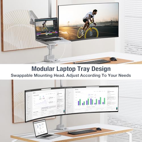 AVLT Laptop & 40 Inch Monitor Arm Pole Top Mount with USB-C&A Ports - Gray | VESA Compatible, Supports 26.4 lbs (12 kg), Ultrawide Screen Fit, Adjustable Height, Tilt Swivel Rotate, Cable Management - color: Gray-Monitor & Laptop Arm