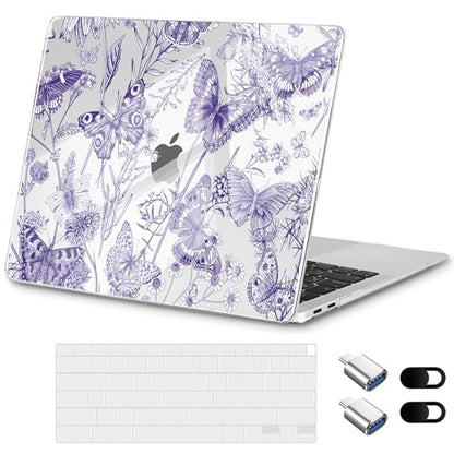 for MacBook Air 13 inch Case 2020 M1 A2337 2019 2018 Release– Fashionable Lightweight Floral Design Transparent HD Clear Laptop Shell, with TPU Keyboard Cover & OTG Adapters, Butterfly Blue - color: Butterfly Blue