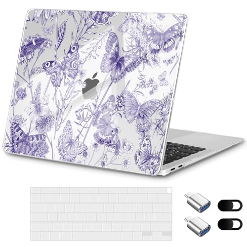for MacBook Air 13 inch Case 2020 M1 A2337 2019 2018 Release– Fashionable Lightweight Floral Design Transparent HD Clear Laptop Shell, with TPU Keyboard Cover & OTG Adapters, Butterfly Blue - color: Butterfly Blue