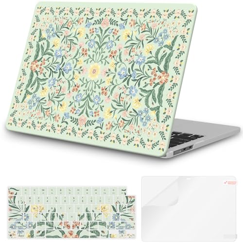 iCasso for M5 MacBook Air 13 inch Case 2026 2025-2022 M4 M3 M2 Model A3449 A3240 A3113 A2681, Sturdy Protective Pattern Hard Shell Case for Mac Air 13.6", Keyboard Cover + Screen Protector,Green Boho - color: Boho Floral Green