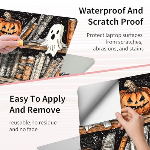 Laptop Skin Sticker 3-Piece Set,Bookshelves and Pumpkin | Trim-to-fit 3-piece vinyl set with one 15 x 10.6 in lid skin and two palm-rest decals for many 12-15.6 in laptops - color: Bookshelves And Pumpkin