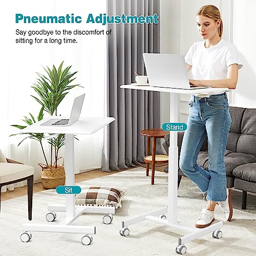 DUMOS Mobile Small Standing Desk, Portable Rolling Laptop Desk with 2 Lockable Wheels, Adjustable Height Computer Workstation for Home Office, 19 Inch White - color: Modern White