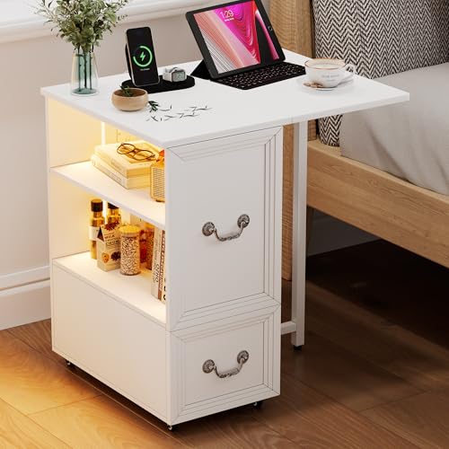 Lareth Rolling Side Table with Wheels, Led Lights & Charging Station | Foldable Desktop Narrow End Table, 1 Drawer, 2 Bookshleves, 27.56"H Tall Nightstand for Small Space, Living Room, White - color: B White