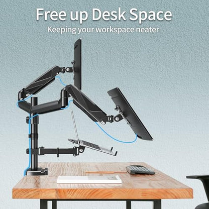 MOUNTUP Dual Monitor and Laptop Mount, Adjustable Monitor Stand for 2 Max 27" Computer Screens, Laptop Tray Fits 10-17inch Notebook, Holds 4.4-17.6lbs Per Arm, 3-in-1 Adjustable Monitor Desk Mount - size: Triple, style: With Pole