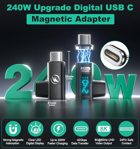 HanCenDa USB C Magnetic Adapter PD 240W 2Pack, 24Pin Magnetic USB C Adapter | Right with Voltage, Current and Power Smart LED Display, 40Gbps 8K 60Hz Video for iPhone 17/16/15, Steam Deck, ROG Ally - style: Right