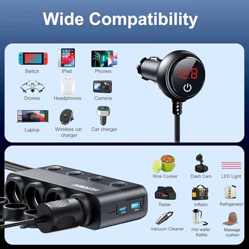 Cigarette Lighter Splitter 216W 4 Socket USB C Car Adapter for Truck SUV | 216W PD30W/QC3.0 USB-C fast charge. 4 sockets. 12V/24V heavy-duty. Switches, dust cover & waterproof for trucks/cars.