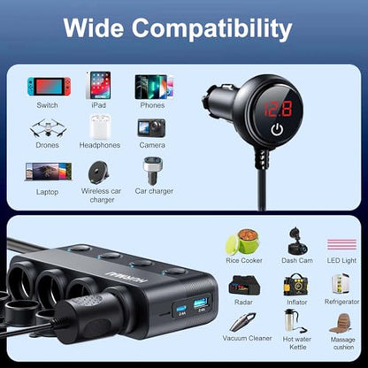 Cigarette Lighter Splitter 216W 4 Socket USB C Car Adapter for Truck SUV | 216W PD30W/QC3.0 USB-C fast charge. 4 sockets. 12V/24V heavy-duty. Switches, dust cover & waterproof for trucks/cars.