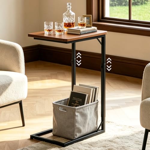 Premium Adjustable C-Shaped End Table for Couch, Mini Side Tables for Sofa, Small Coffee Table with Metal Frame, Beautiful and Practical Sidekick for Your Living Room, Bedroom, Bedside, Rustic Brown | Premium - color: Rustic Brown