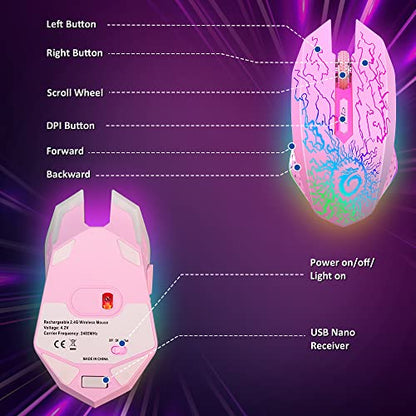 VersionTECH. Wireless Gaming Mouse, Rechargeable Computer Mouse Mice with Colorful LED Lights, Silent Click, 2.4G USB Nano Receiver, 3 Level DPI for PC Gamer Laptop Desktop Chromebook Mac-Pink - color: Pink
