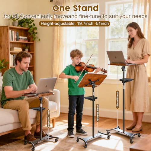 2 in 1 Dual-use Music Stand & Desktop Book Stand, Adjustable Height 16.5"-51", 100% Solid Wood Laptop Floor Stand Book Holder with Elastic Page Clips for Cookbooks (Black Walnut with Tray and Wheels) - color: Black Walnut With Tray and Wheels