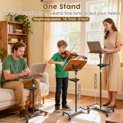 2 in 1 Dual-use Music Stand & Desktop Book Stand, Adjustable Height 16.5"-51", 100% Solid Wood Laptop Floor Stand Book Holder with Elastic Page Clips for Cookbooks (Black Walnut with Tray and Wheels) - color: Black Walnut With Tray and Wheels