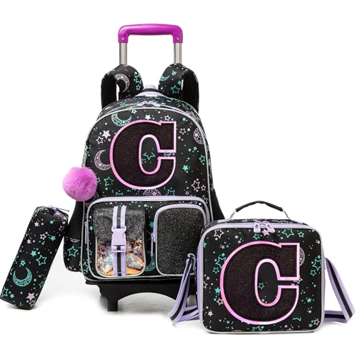 HTgroce Cute Rolling Backpack with Wheel,School Backpack for Kids Girl Roller Schoolbag Wheeled Backpacks Set Carry-on Luggage,Black C - color: Black, style: C