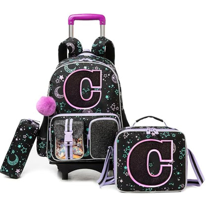 HTgroce Cute Rolling Backpack with Wheel,School Backpack for Kids Girl Roller Schoolbag Wheeled Backpacks Set Carry-on Luggage,Black C - color: Black, style: C