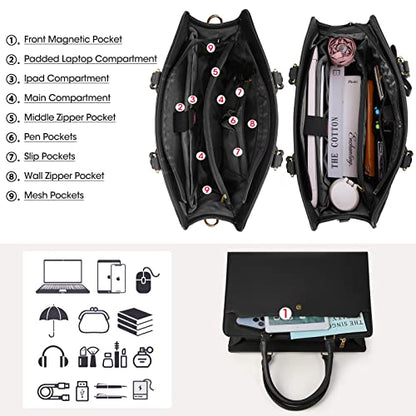 RAINSMORE Laptop Bag for Women 15.6 Inch Laptop Tote Bag Leather Work Bag Waterproof Womens Briefcase Business Office Computer Tote Bag Large Capacity Handbag Shoulder Bag Black - color: Black