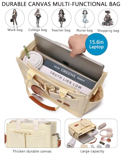 Canvas Tote Bag for Women,Women's Bags Crossbody Bags Work Laptop Tote Bag Large Handbags Purse for Travel Nurse Teacher - color: New Upgrade Beige With Compartments and Side Cup Holders