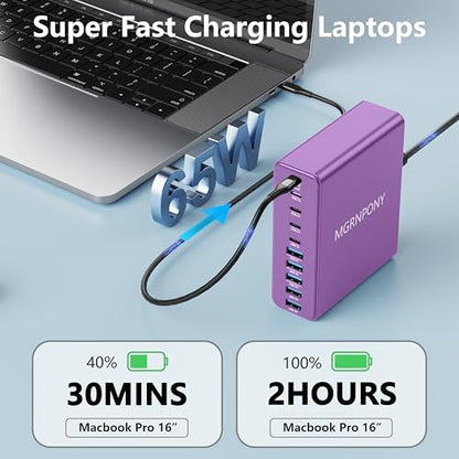 320W USB C Charger Block, 10-Port GaN USB C Charging Station Purple | PD 65W Laptop Fast Charger Adapter for MacBook Pro/Air, DELL, iPad, iPhone, Samsung Galaxy - color: Purple