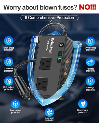 DrimMek 300W Car Power Inverter, Car Plug Adapter Outlet DC Inverter 12V to 110V AC Cigarette Lighter with 3 * 24W USB-C & USB-A Dual Outlets Fast Car Charger for Laptop Vehicles, Road Trip, Camping - color: Black