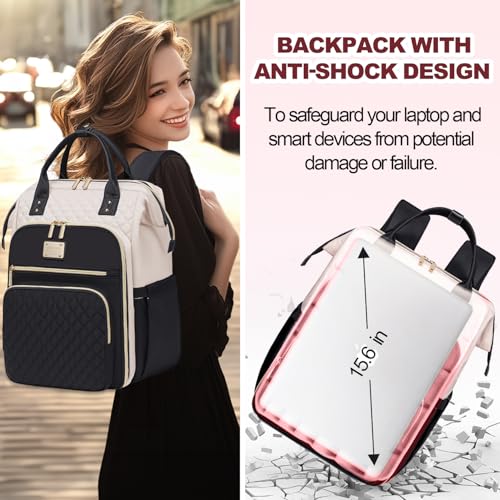 Otevan 15.6 Inch Laptop Backpack for Women, Work Backpack with Lunchbox, Insulated Backpack Cooler, Teacher Nurse Travel Backpack for Women, Beige/Black, 24009 - color: Beige/Black