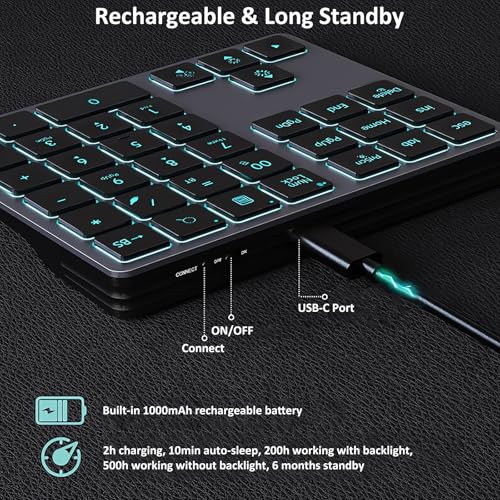 Tri-Mode Aluminum Numpad 7-Color LED Backlit, BT5.0/USB/2.4G Wireless Rechargeable Number Pad 35-Key Scissor Switches Light Up Keycaps for PC/Laptop/Win/Mac, Grey Black