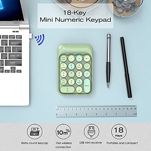 FELICON Wireless Numeric Keypad 18 Keys with 2.4Ghz USB Receiver-Green Mix | Colorful Round Keycap,Mini Portable Silent Number Pad,Financial Accounting Membrane Keyboard Extensions for Laptop Desktop PC - color: Green Mix